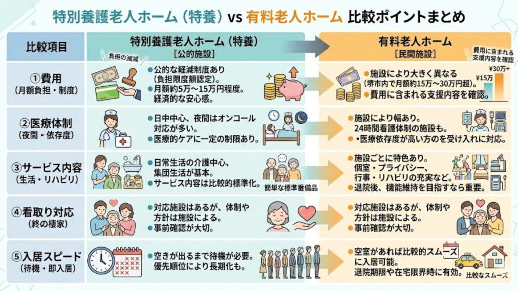 目的：費用・医療体制・入居スピードの違いを一目で比較できるようにする