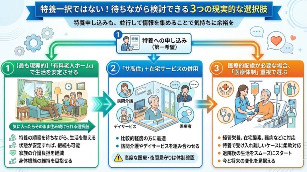 目的：特養一択ではないことを視覚的に整理し、行動イメージを持ってもらう