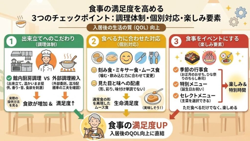 目的：食事の質を決める「調理体制」「個別対応」「楽しみ要素」の3軸を視覚化