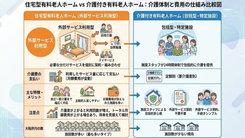 目的：住宅型＝外部サービス利用型、介護付き＝包括型という違いを一目で理解できる比較図